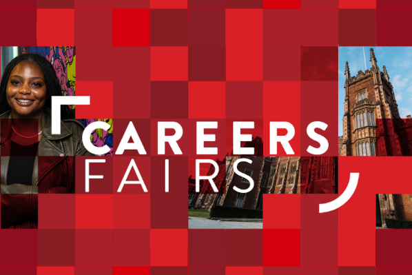 words careers fairs with a red background and students